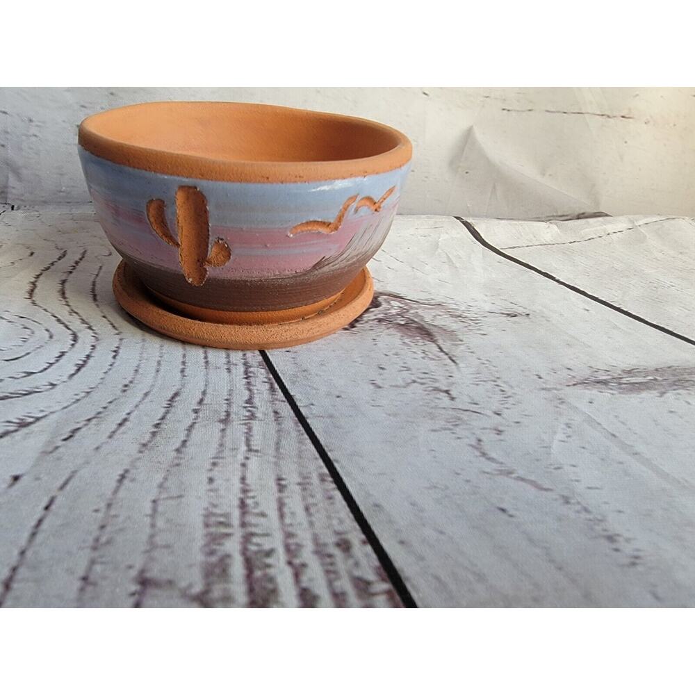 Terracotta Trinket Dish with Attached Saucer, with Painted Desert Scene